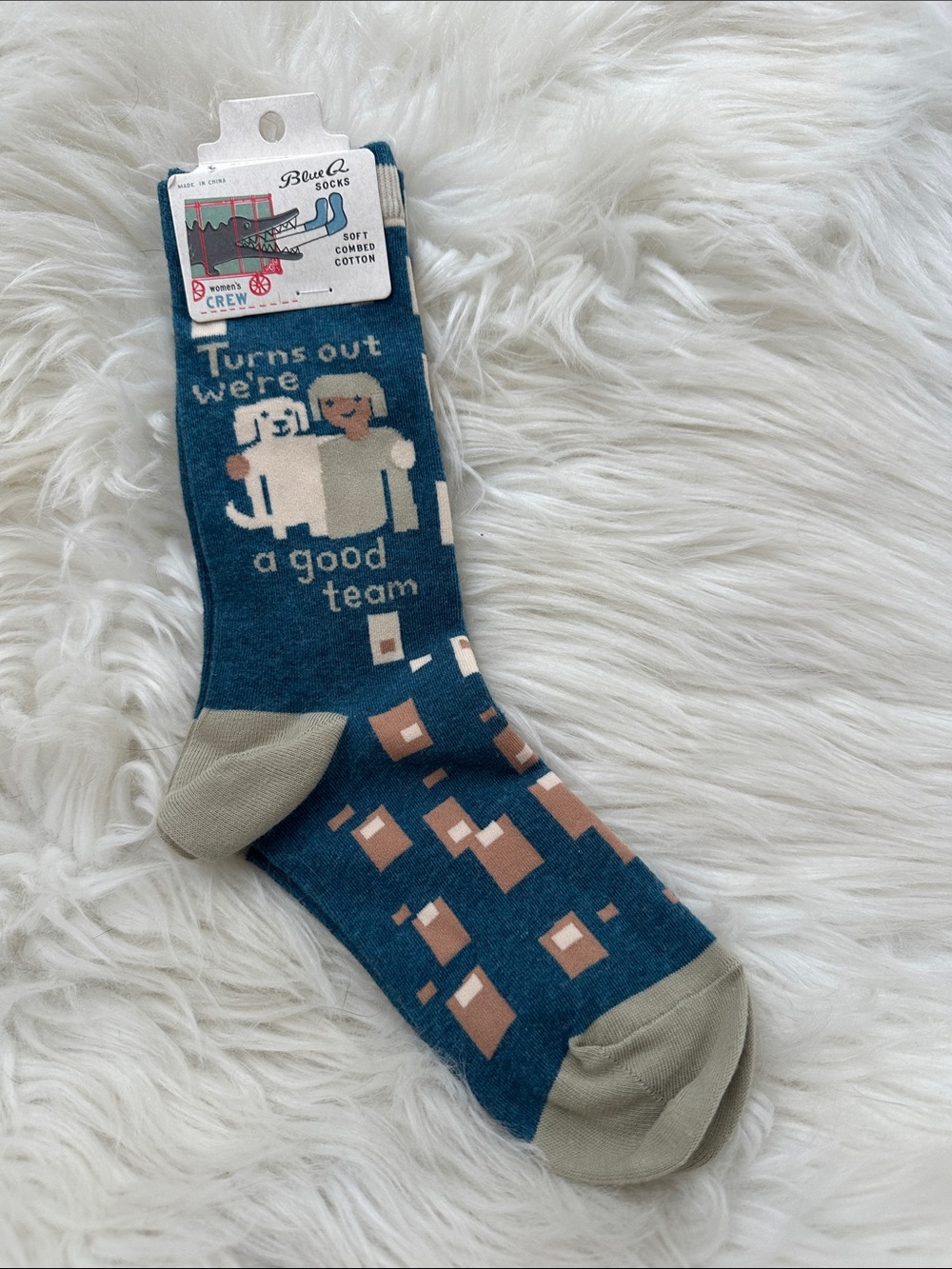 Blue Q Teal Crew Socks with Beige Accents - 'Turns Out We're a Good Team'
